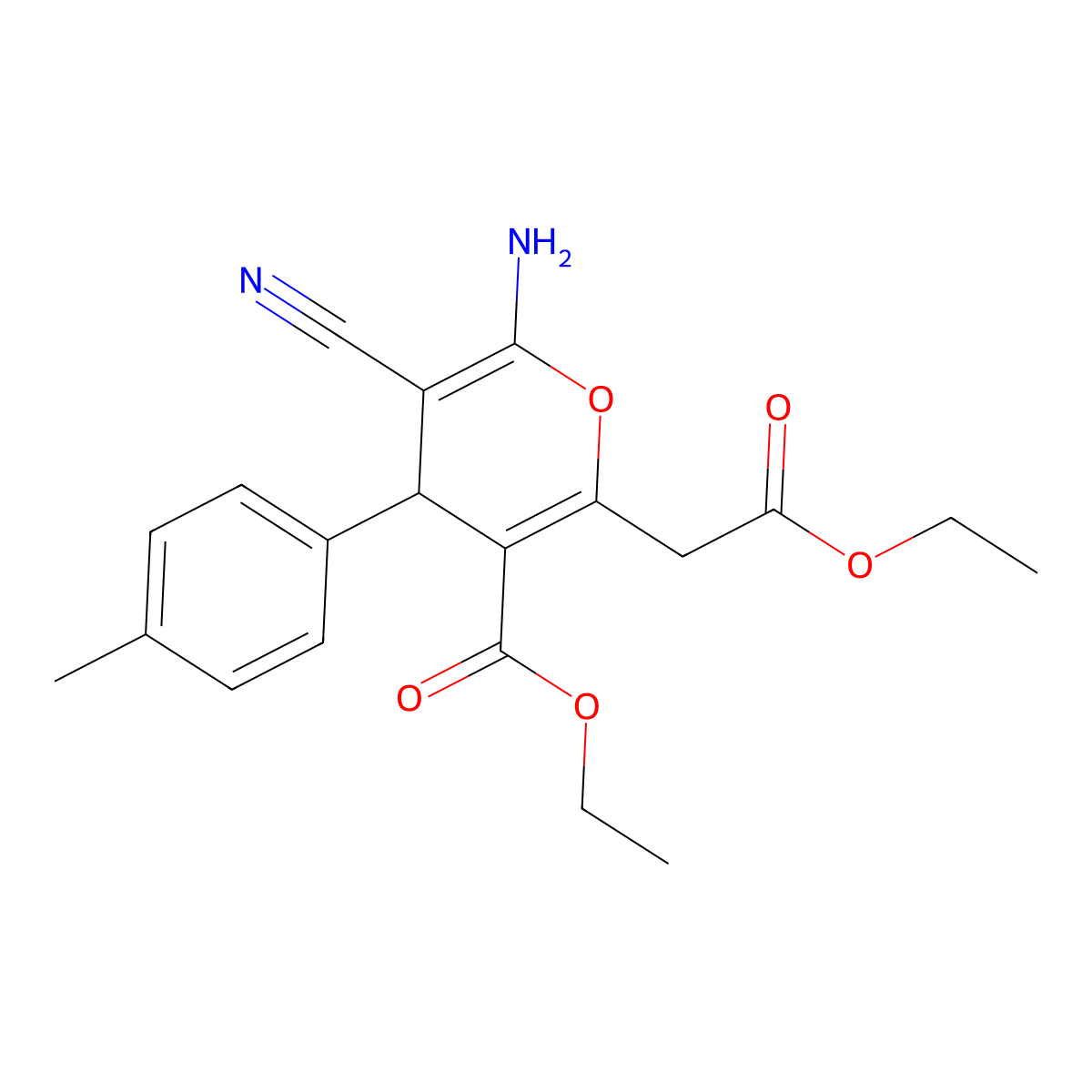 ethyl 6-amino-5-cyano-2-(2-ethoxy-2-oxoethyl)-4-(4-methylphenyl)-4H-pyran-3-carboxylate molecular structure, CAS 304868-54-0