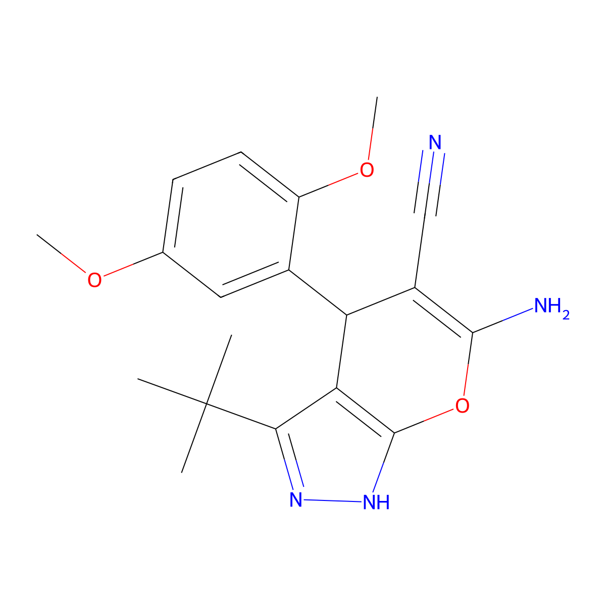 6-Amino-3-tert-butyl-4-(2,5-dimethoxyphenyl)-1,4-dihydropyrano[2,3-c]pyrazole-5-carbonitrile molecular structure, CAS 304868-60-8