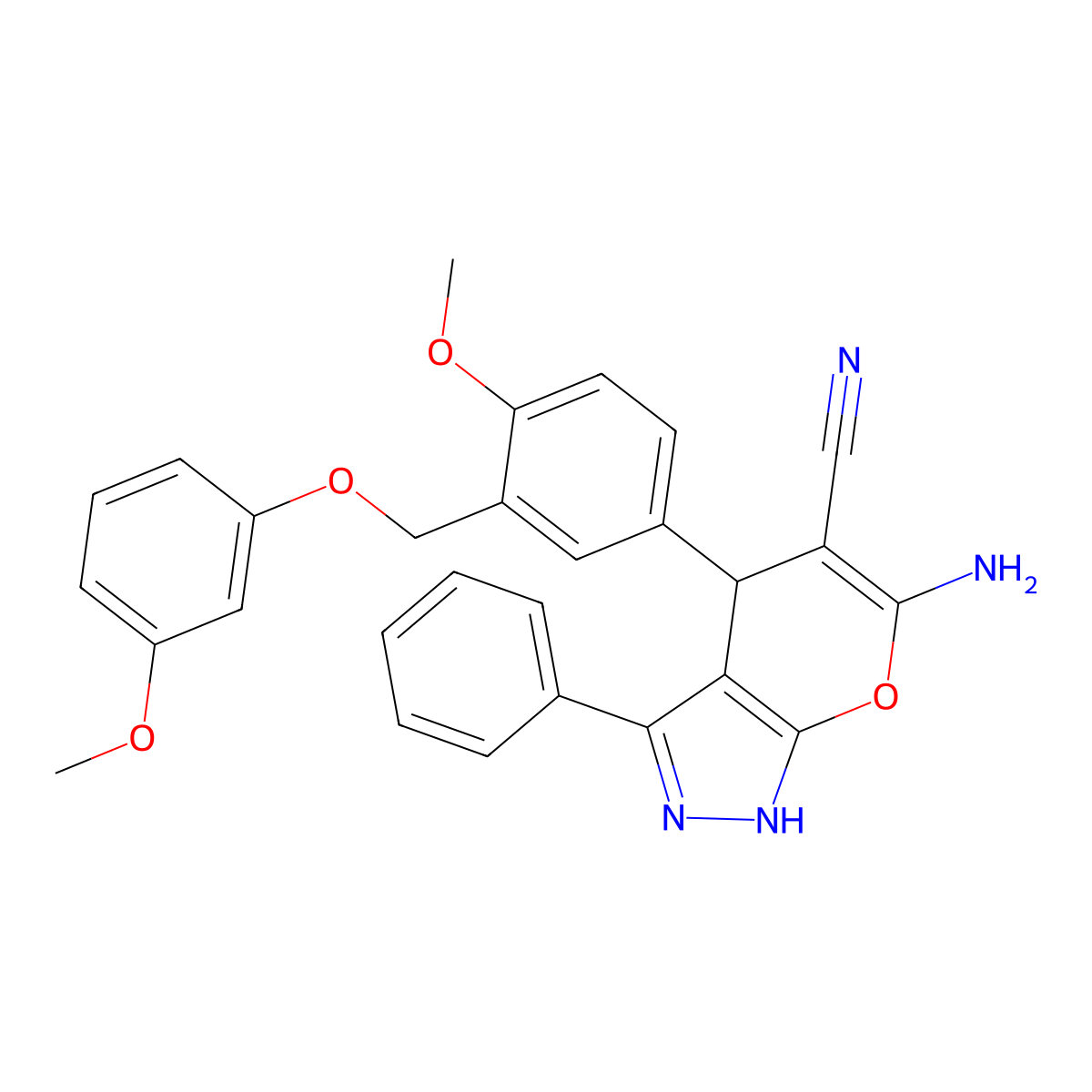 6-Amino-4-{4-methoxy-3-[(3-methoxyphenoxy)methyl]phenyl}-3-phenyl-1,4-dihydropyrano[2,3-c]pyrazole-5-carbonitrile molecular structure, CAS 304871-45-2