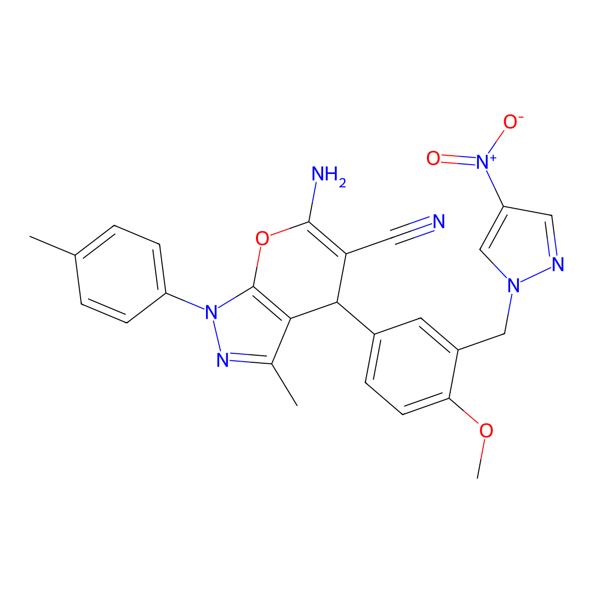 6-amino-4-[4-methoxy-3-[(4-nitropyrazol-1-yl)methyl]phenyl]-3-methyl-1-(4-methylphenyl)-4H-pyrano[2,3-c]pyrazole-5-carbonitrile molecular structure, CAS 304872-87-5