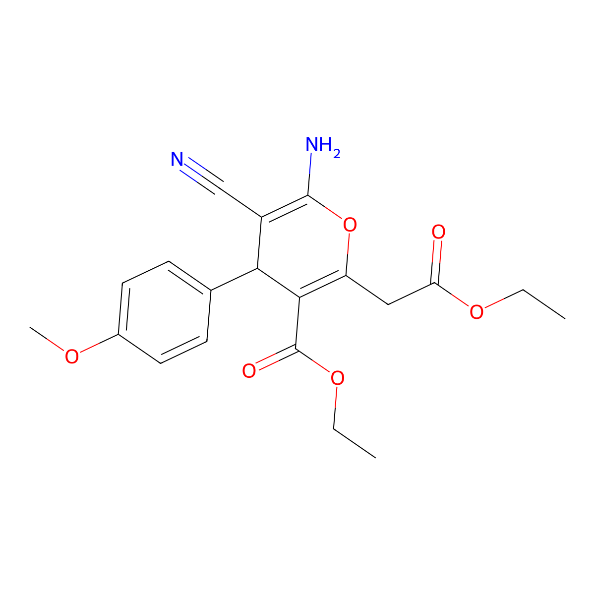 ethyl 6-amino-5-cyano-2-(2-ethoxy-2-oxoethyl)-4-(4-methoxyphenyl)-4H-pyran-3-carboxylate molecular structure, CAS 304873-13-0