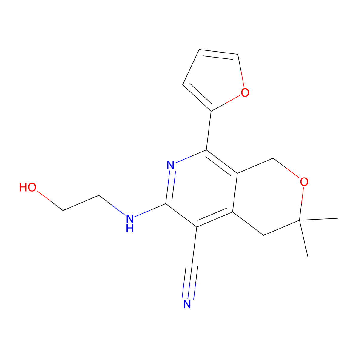 8-(Furan-2-yl)-6-(2-hydroxyethylamino)-3,3-dimethyl-1,4-dihydropyrano[3,4-c]pyridine-5-carbonitrile molecular structure, CAS 304873-22-1