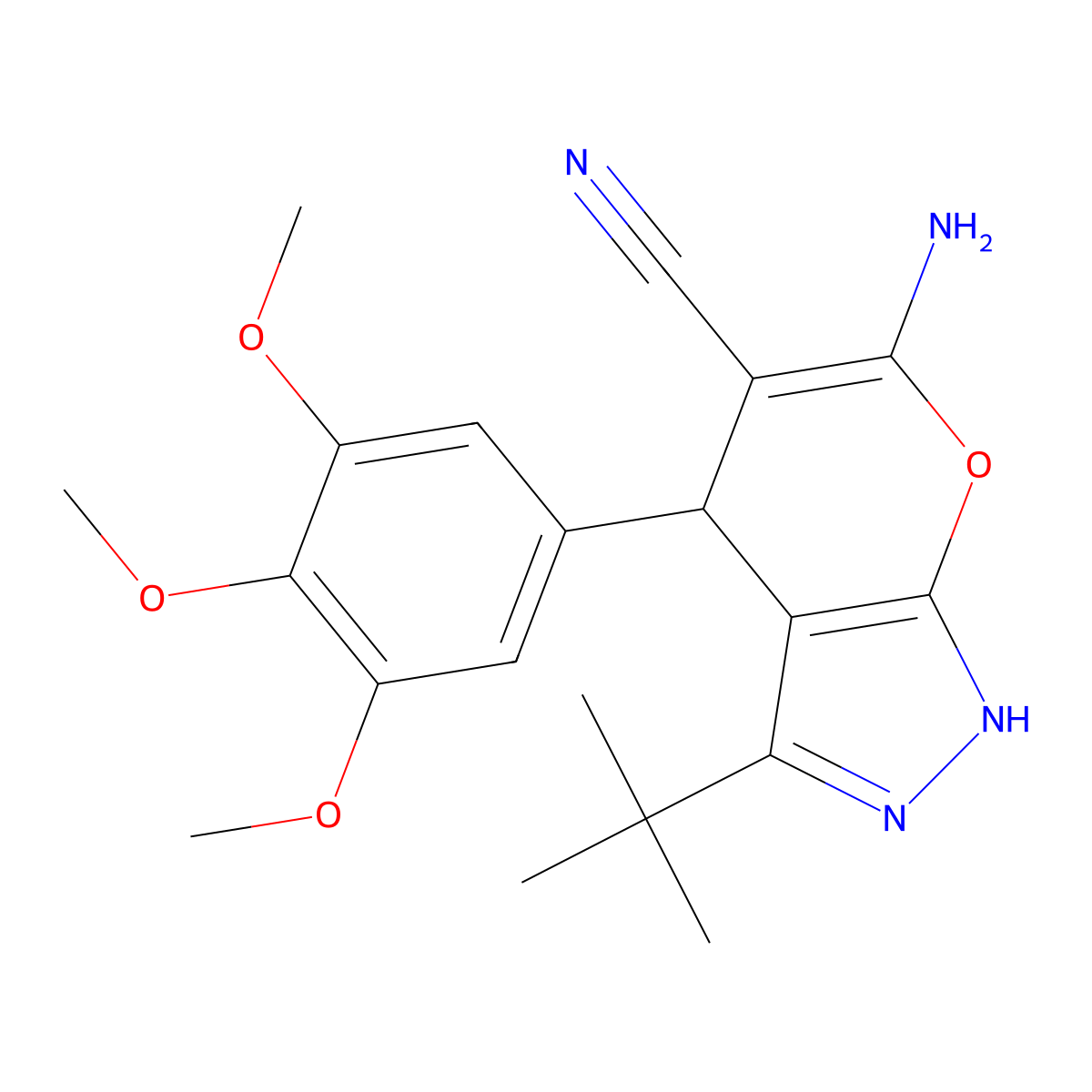 6-Amino-3-(tert-butyl)-4-(3,4,5-trimethoxyphenyl)-1,4-dihydropyrano[2,3-c]pyrazole-5-carbonitrile molecular structure, CAS 304875-69-2
