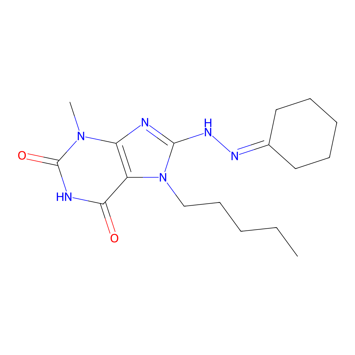 8-(2-cyclohexylidenehydrazinyl)-3-methyl-7-pentyl-3,7-dihydro-1H-purine-2,6-dione molecular structure, CAS 304876-07-1
