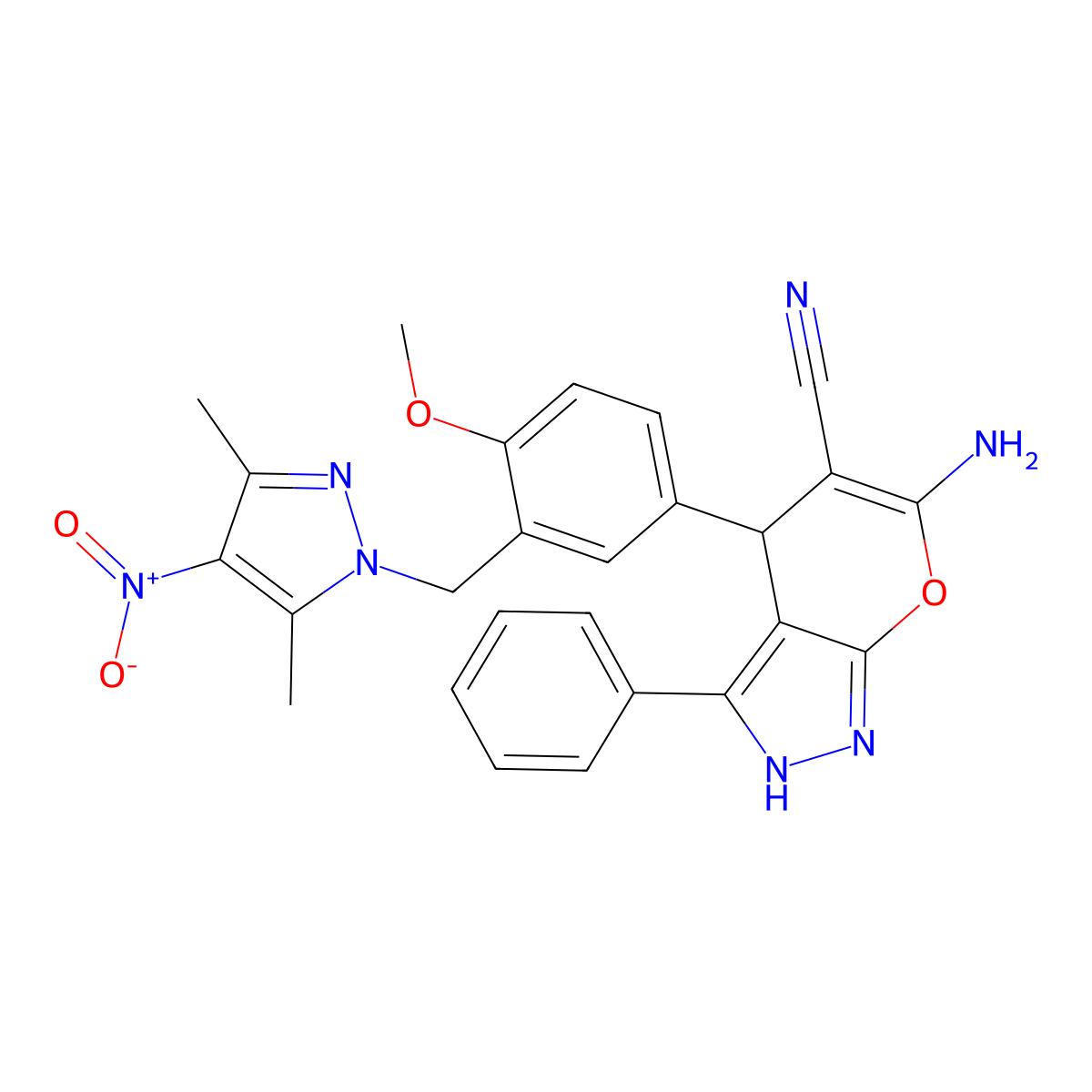6-Amino-4-[3-[(3,5-dimethyl-4-nitropyrazol-1-yl)methyl]-4-methoxyphenyl]-3-phenyl-2,4-dihydropyrano[2,3-c]pyrazole-5-carbonitrile molecular structure, CAS 304876-92-4