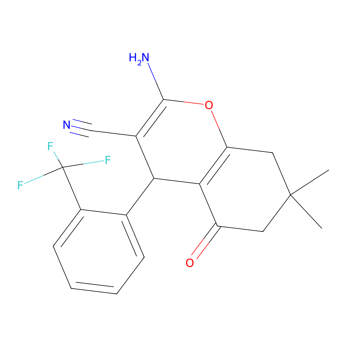 2-amino-7,7-dimethyl-5-oxo-4-[2-(trifluoromethyl)phenyl]-5,6,7,8-tetrahydro-4H-chromene-3-carbonitrile molecular structure, CAS 304880-15-7