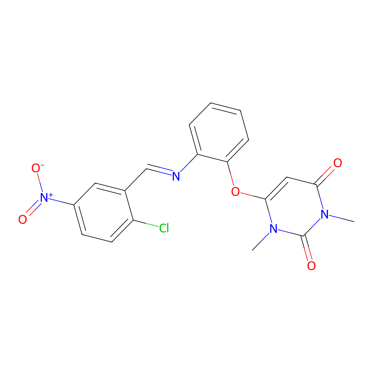 6-[2-({2-chloro-5-nitrobenzylidene}amino)phenoxy]-1,3-dimethyl-2,4(1H,3H)-pyrimidinedione molecular structure, CAS 304880-67-9