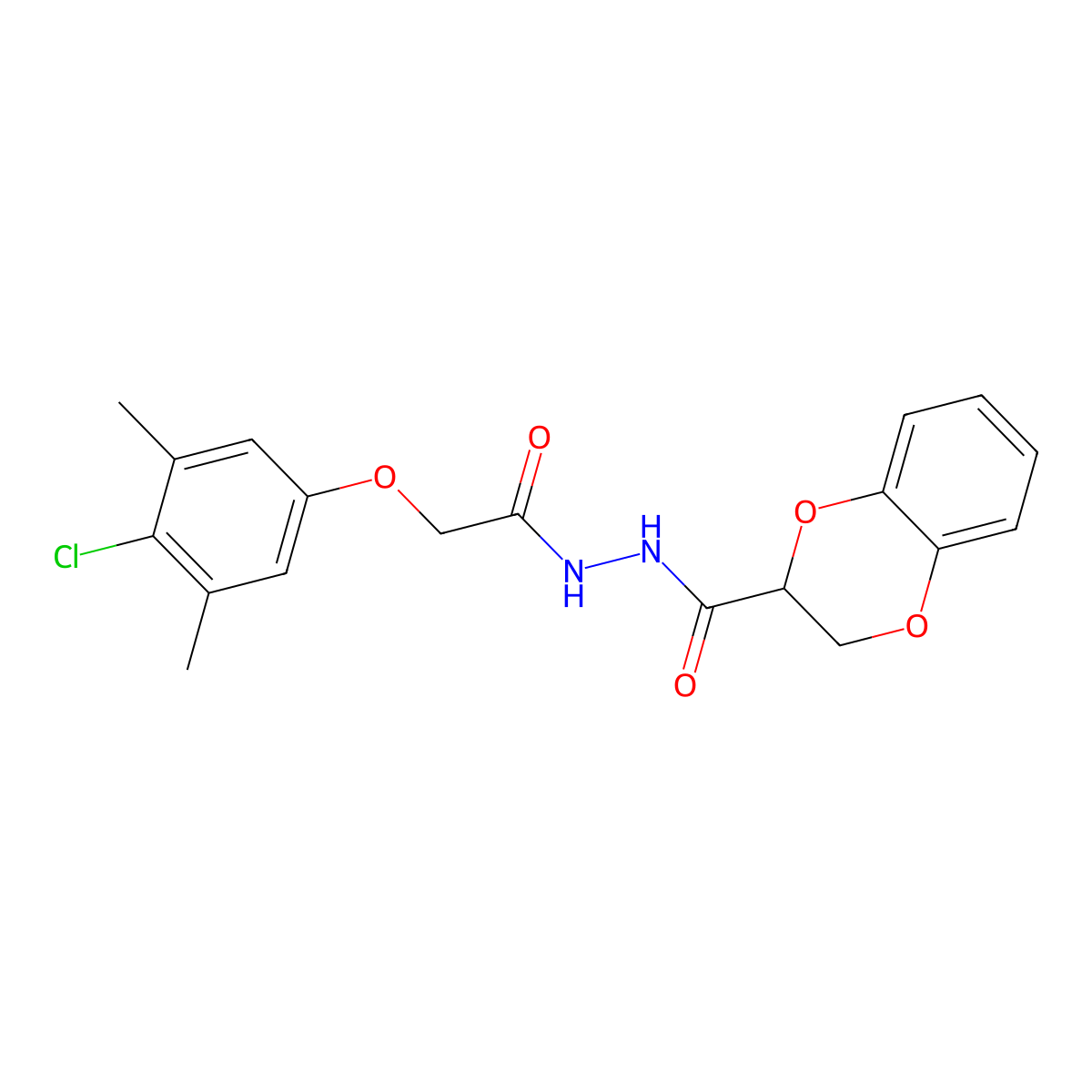 N'-(2-(4-chloro-3,5-dimethylphenoxy)acetyl)-2,3-dihydrobenzo[b][1,4]dioxine-2-carbohydrazide molecular structure, CAS 304888-35-5
