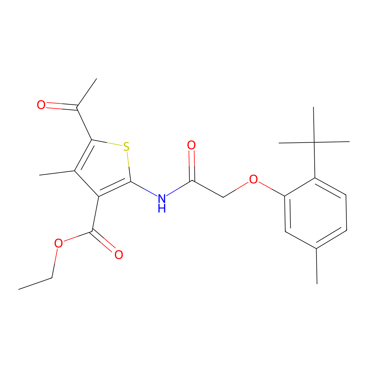 Ethyl 5-acetyl-2-{[(2-tert-butyl-5-methylphenoxy)acetyl]amino}-4-methyl-3-thiophenecarboxylate molecular structure, CAS 304890-96-8