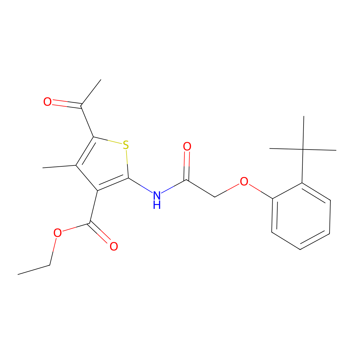 Ethyl 5-acetyl-2-{[(2-tert-butylphenoxy)acetyl]amino}-4-methyl-3-thiophenecarboxylate molecular structure, CAS 304892-91-9