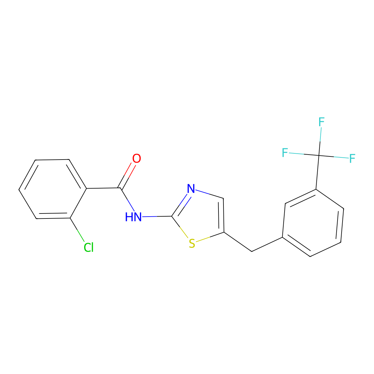 2-chloro-N-(5-(3-(trifluoromethyl)benzyl)thiazol-2-yl)benzamide molecular structure, CAS 304895-42-9