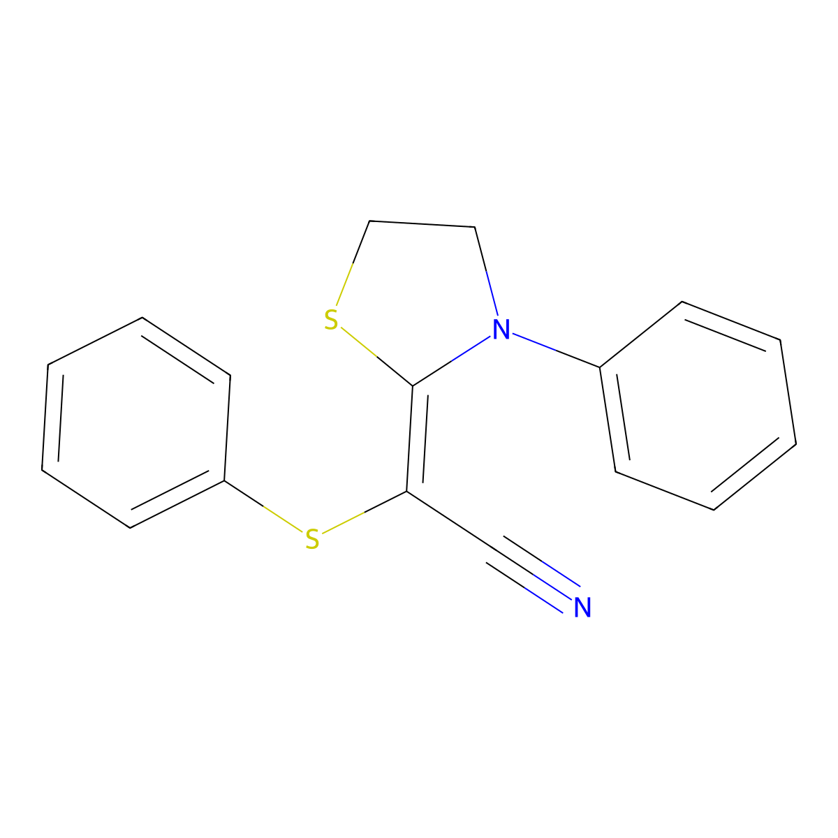 2-Phenylthio-2-(3-phenyl-1,3-thiazolidine-2-yliden)acetonitrile molecular structure, CAS 304901-49-3