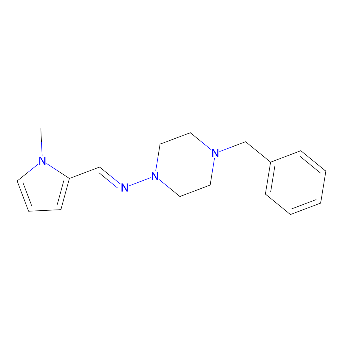 N-(4-benzylpiperazin-1-yl)-1-(1-methylpyrrol-2-yl)methanimine molecular structure, CAS 304909-08-8