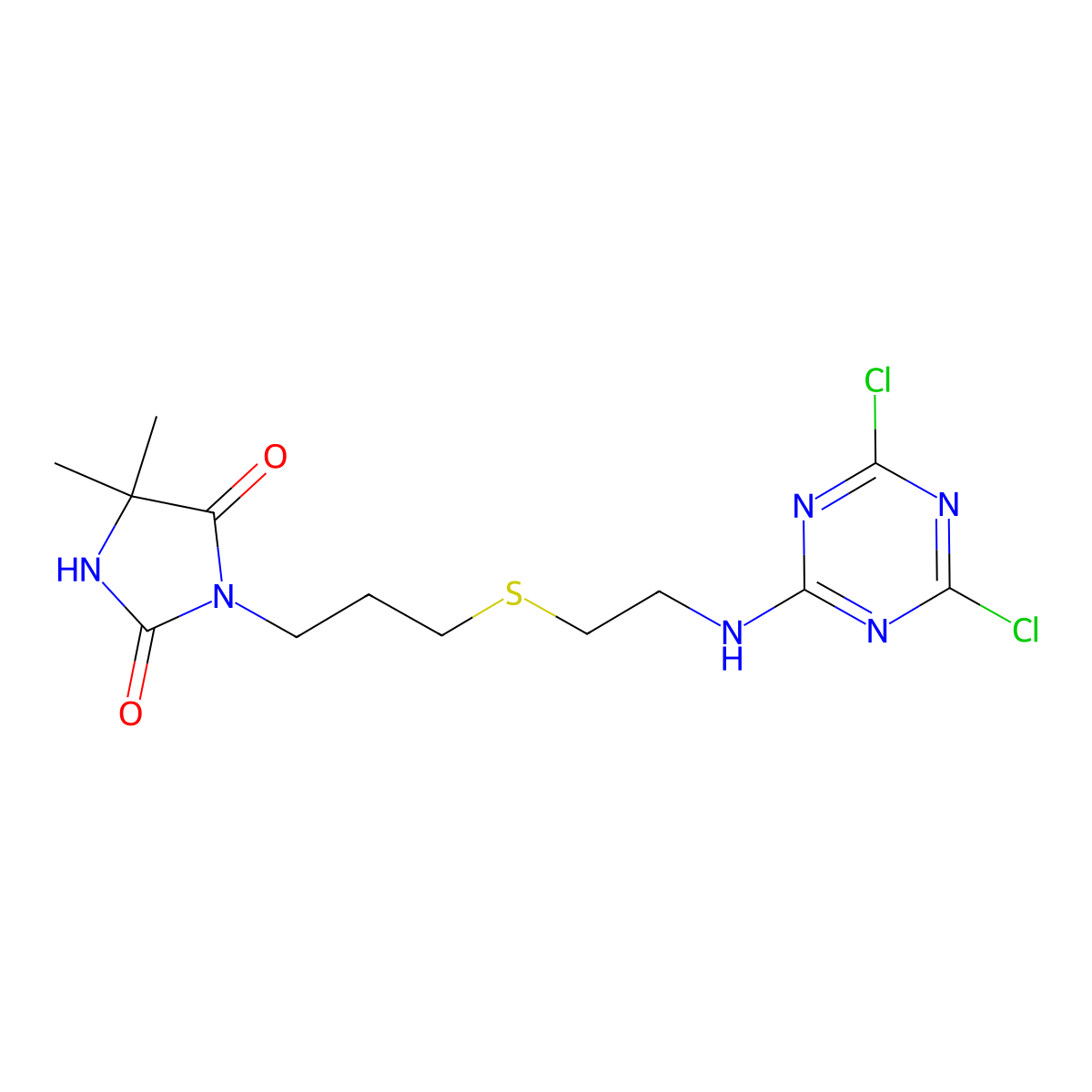 3-(3-((2-((4,6-Dichloro-1,3,5-triazin-2-YL)amino)ethyl)thio)propyl)-5,5-dimethylimidazolidine-2,4-dione molecular structure, CAS 3049389-07-0