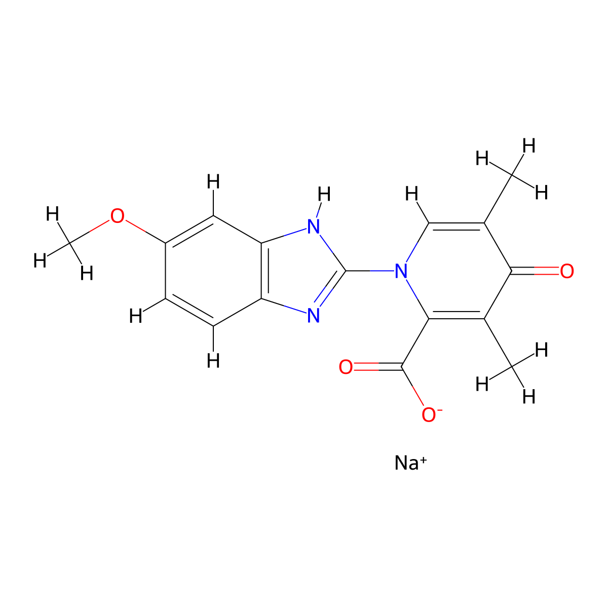 Sodium 1-(6-methoxy-1H-benzo[d]imidazol-2-yl)-3,5-dimethyl-4-oxo-1,4-dihydropyridine-2-carboxylate molecular structure, CAS 3049389-33-2