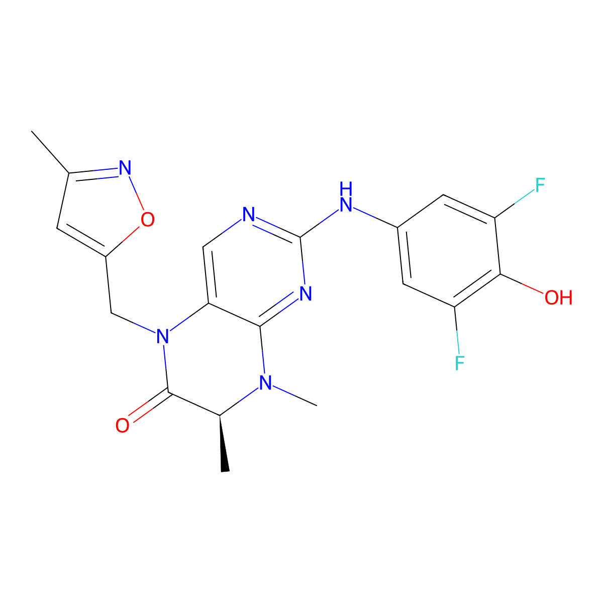(S)-2-((3,5-Difluoro-4-hydroxyphenyl)amino)-7,8-dimethyl-5-((3-methylisoxazol-5-yl)methyl)-7,8-dihydropteridin-6(5H)-one molecular structure, CAS 3050772-20-5