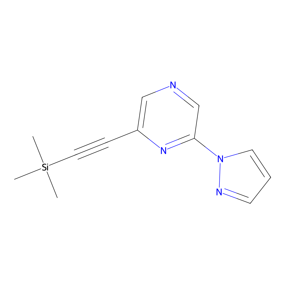 2-(1H-pyrazol-1-yl)-6-((trimethylsilyl)ethynyl)pyrazine molecular structure, CAS 3050827-90-9