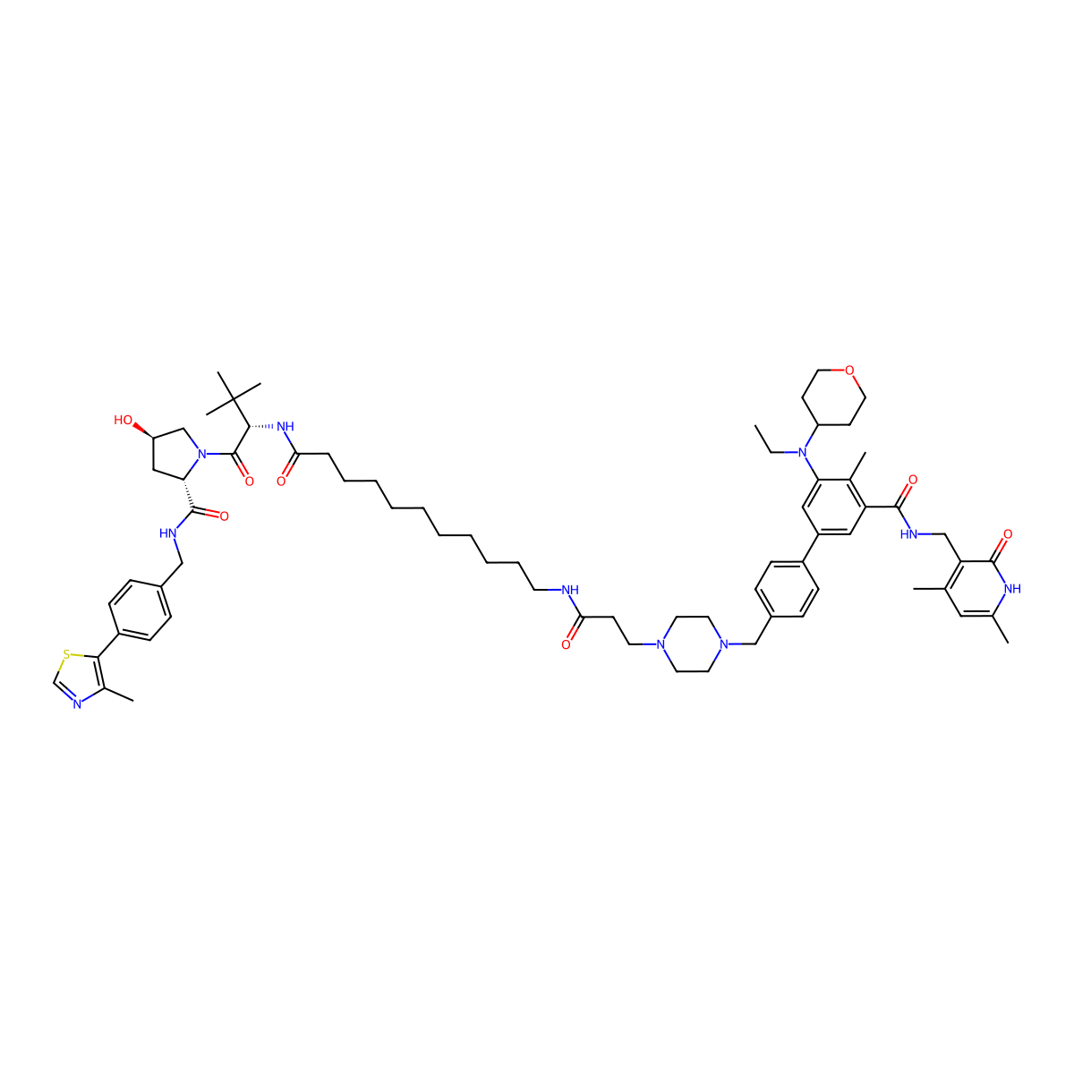 (2S,4R)-1-[(2S)-2-[11-[3-[4-[[4-[3-[(4,6-dimethyl-2-oxo-1H-pyridin-3-yl)methylcarbamoyl]-5-[ethyl(oxan-4-yl)amino]-4-methylphenyl]phenyl]methyl]piperazin-1-yl]propanoylamino]undecanoylamino]-3,3-dimethylbutanoyl]-4-hydroxy-N-[[4-(4-methyl-1,3-thiazol-5-yl)phenyl]methyl]pyrrolidine-2-carboxamide molecular structure, CAS 3050872-59-5