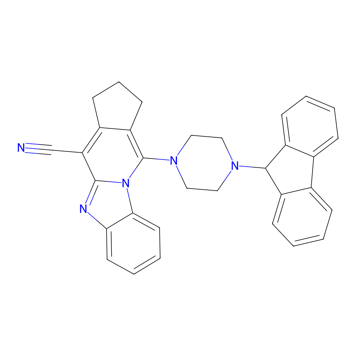 11-(4-(9H-fluoren-9-yl)piperazin-1-yl)-2,3-dihydro-1H-benzo[4,5]imidazo[1,2-a]cyclopenta[d]pyridine-4-carbonitrile molecular structure, CAS 305331-86-6