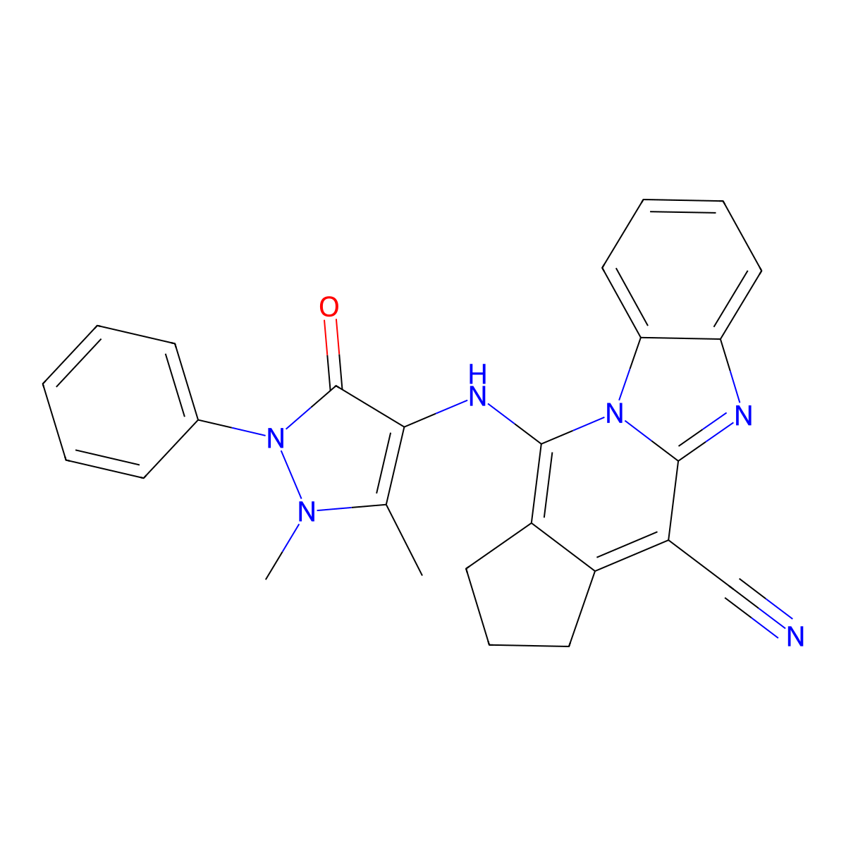11-[(1,5-dimethyl-3-oxo-2-phenyl-2,3-dihydro-1H-pyrazol-4-yl)amino]-2,3-dihydro-1H-cyclopenta[4,5]pyrido[1,2-a]benzimidazole-4-carbonitrile molecular structure, CAS 305331-91-3
