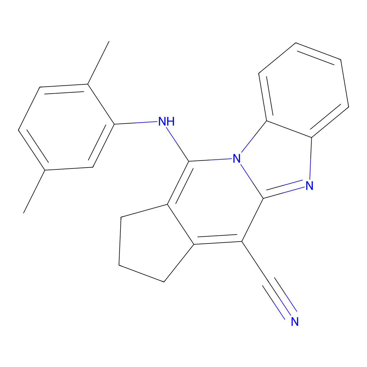 11-((2,5-dimethylphenyl)amino)-2,3-dihydro-1H-benzo[4,5]imidazo[1,2-a]cyclopenta[d]pyridine-4-carbonitrile molecular structure, CAS 305332-19-8