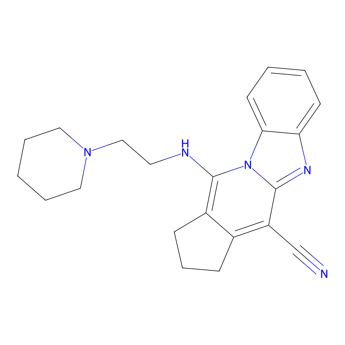 11-((2-(piperidin-1-yl)ethyl)amino)-2,3-dihydro-1H-benzo[4,5]imidazo[1,2-a]cyclopenta[d]pyridine-4-carbonitrile molecular structure, CAS 305332-36-9