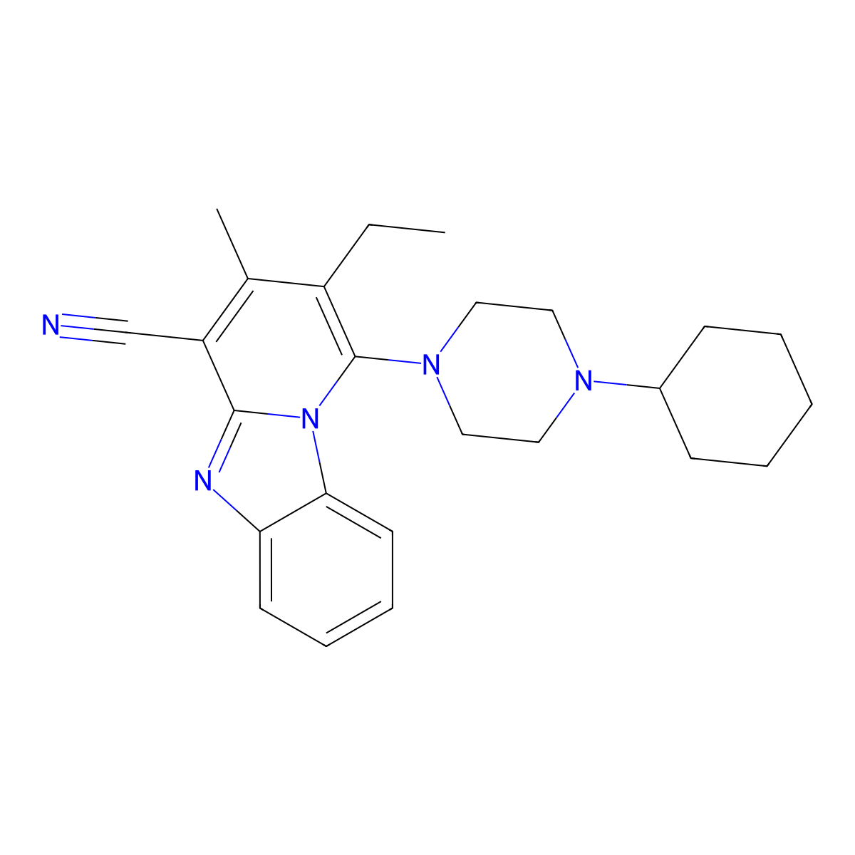 1-(4-Cyclohexylpiperazin-1-yl)-2-ethyl-3-methylpyrido[1,2-a]benzimidazole-4-carbonitrile molecular structure, CAS 305333-09-9
