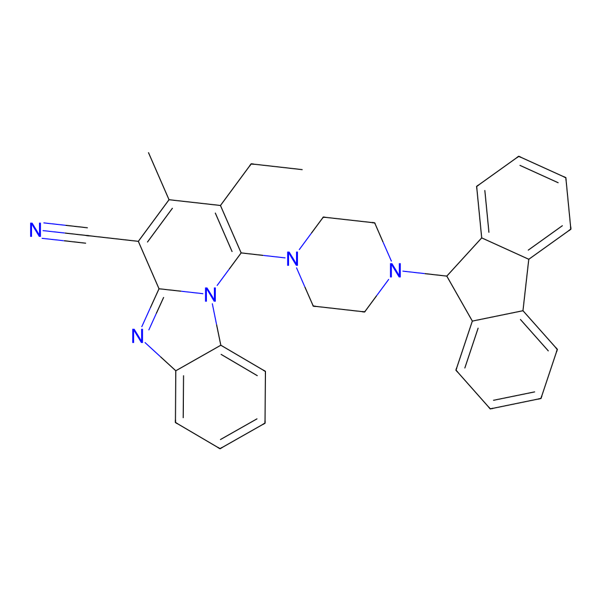 2-ethyl-1-[4-(9H-fluoren-9-yl)piperazin-1-yl]-3-methylpyrido[1,2-a]benzimidazole-4-carbonitrile molecular structure, CAS 305333-17-9