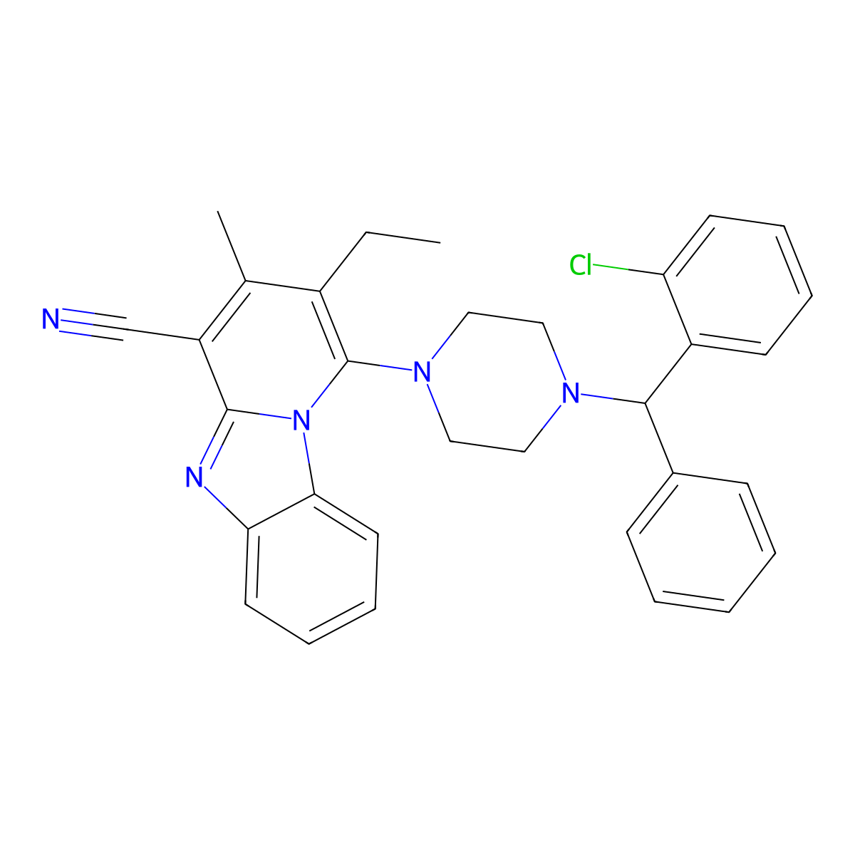 1-[4-[(2-Chlorophenyl)-phenylmethyl]piperazin-1-yl]-2-ethyl-3-methylpyrido[1,2-a]benzimidazole-4-carbonitrile molecular structure, CAS 305333-38-4