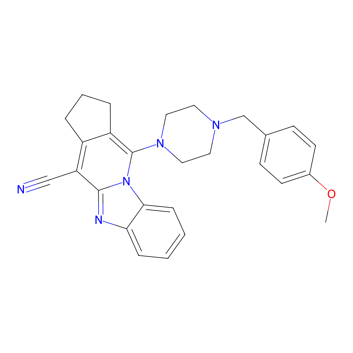 11-(4-(4-methoxybenzyl)piperazin-1-yl)-2,3-dihydro-1H-benzo[4,5]imidazo[1,2-a]cyclopenta[d]pyridine-4-carbonitrile molecular structure, CAS 305333-87-3