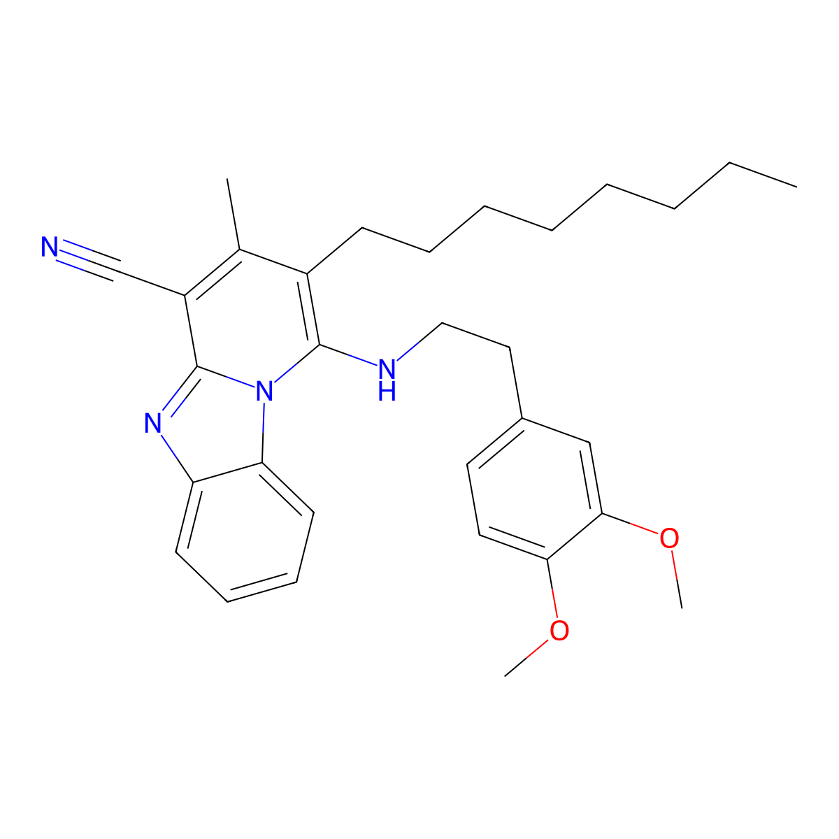 1-{[2-(3,4-Dimethoxyphenyl)ethyl]amino}-3-methyl-2-octylpyrido[1,2-a]benzimidazole-4-carbonitrile molecular structure, CAS 305336-00-9