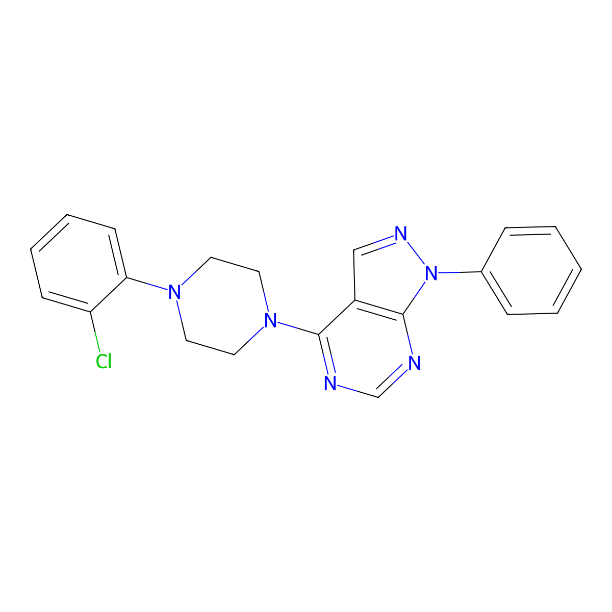1-(2-chlorophenyl)-4-{1-phenyl-1H-pyrazolo[3,4-d]pyrimidin-4-yl}piperazine molecular structure, CAS 305337-69-3
