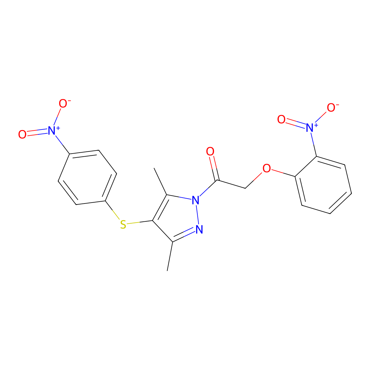 1-{3,5-dimethyl-4-[(4-nitrophenyl)sulfanyl]-1H-pyrazol-1-yl}-2-(2-nitrophenoxy)ethan-1-one molecular structure, CAS 305341-98-4