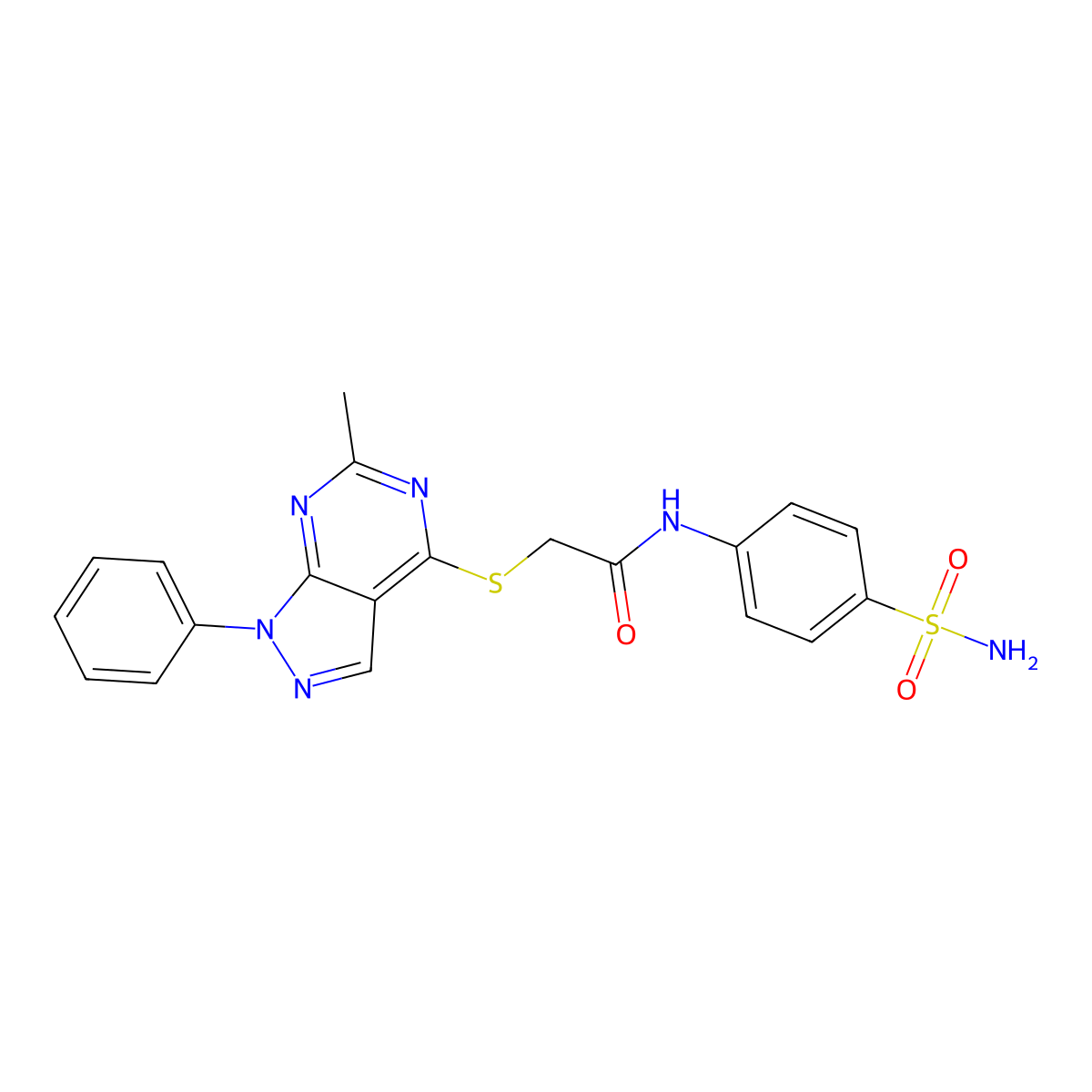 2-((6-methyl-1-phenyl-1H-pyrazolo[3,4-d]pyrimidin-4-yl)thio)-N-(4-sulfamoylphenyl)acetamide molecular structure, CAS 305342-27-2