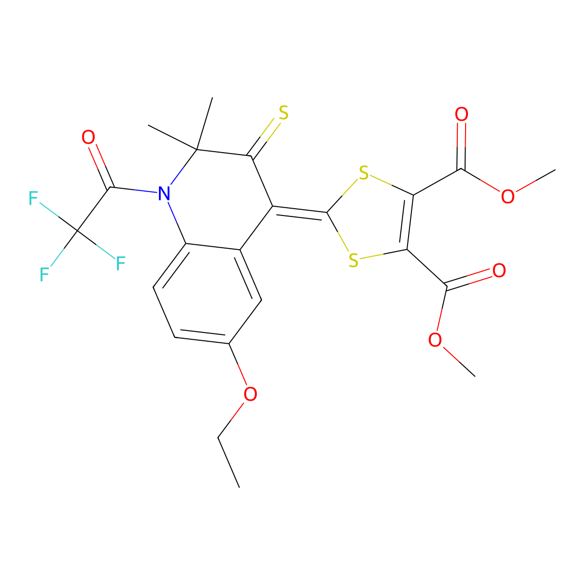 Dimethyl 2-[6-ethoxy-2,2-dimethyl-3-sulfanylidene-1-(2,2,2-trifluoroacetyl)quinolin-4-ylidene]-1,3-dithiole-4,5-dicarboxylate molecular structure, CAS 305343-84-4