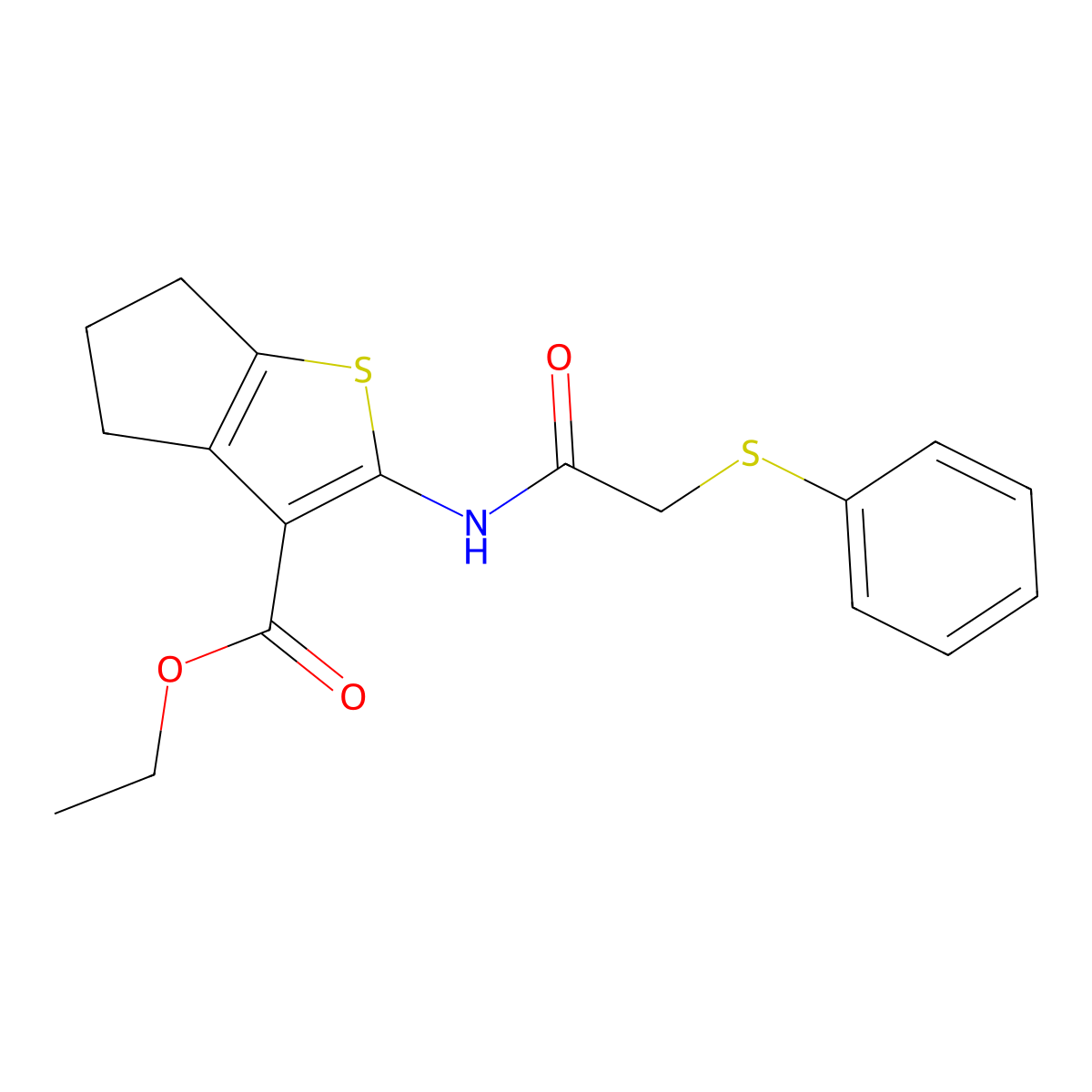 ethyl 2-{[(phenylsulfanyl)acetyl]amino}-5,6-dihydro-4H-cyclopenta[b]thiophene-3-carboxylate molecular structure, CAS 305348-40-7