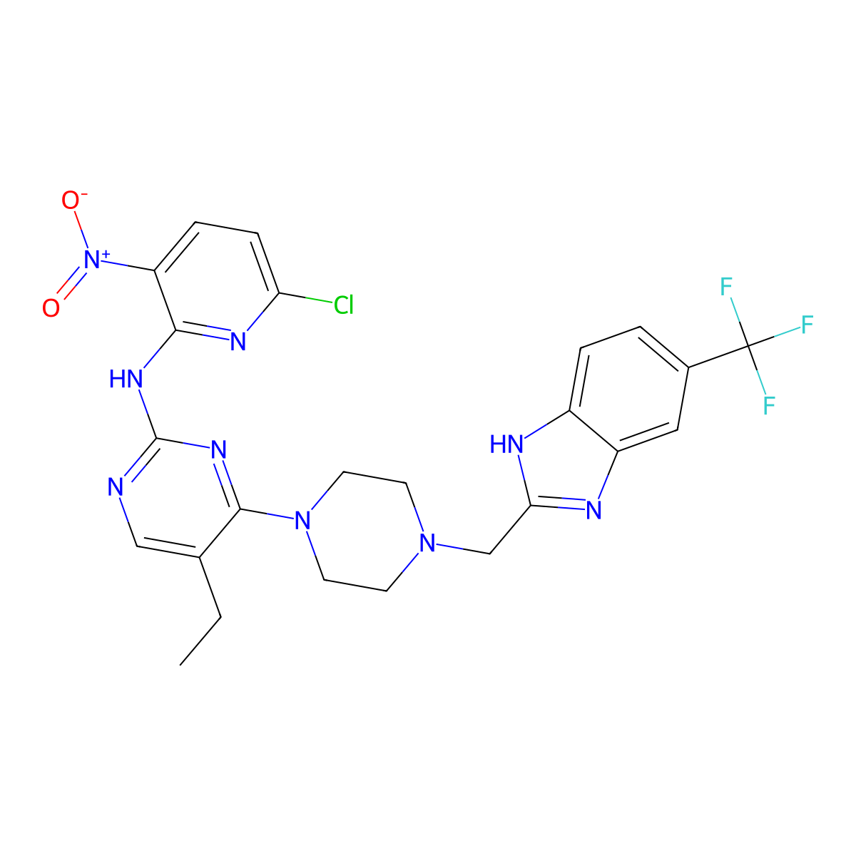 N-(6-chloro-3-nitro-2-pyridinyl)-5-ethyl-4-[4-[[6-(trifluoromethyl)-1H-benzimidazol-2-yl]methyl]piperazin-1-yl]pyrimidin-2-amine molecular structure, CAS 3053678-93-3