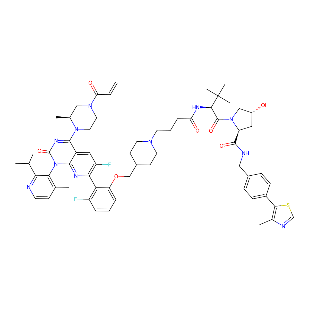 (2S,4R)-1-[(2S)-2-[4-[4-[[3-fluoro-2-[6-fluoro-1-(4-methyl-2-propan-2-yl-3-pyridinyl)-4-[(2S)-2-methyl-4-prop-2-enoylpiperazin-1-yl]-2-oxopyrido[2,3-d]pyrimidin-7-yl]phenoxy]methyl]piperidin-1-yl]butanoylamino]-3,3-dimethylbutanoyl]-4-hydroxy-N-[[4-(4-methyl-1,3-thiazol-5-yl)phenyl]methyl]pyrrolidine-2-carboxamide molecular structure, CAS 3053689-54-3