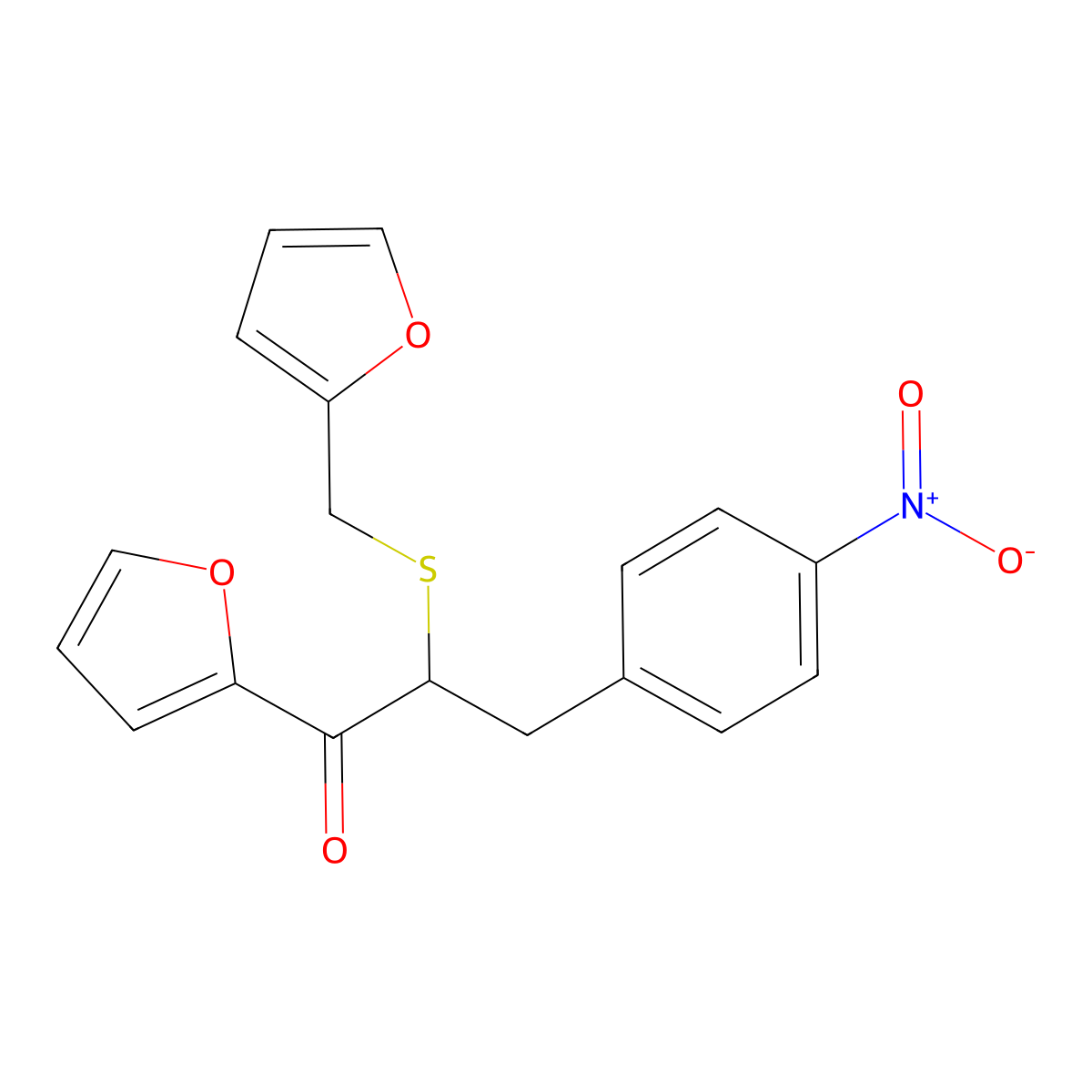 1-(Furan-2-yl)-2-((furan-2-ylmethyl)thio)-3-(4-nitrophenyl)propan-1-one molecular structure, CAS 305372-62-7