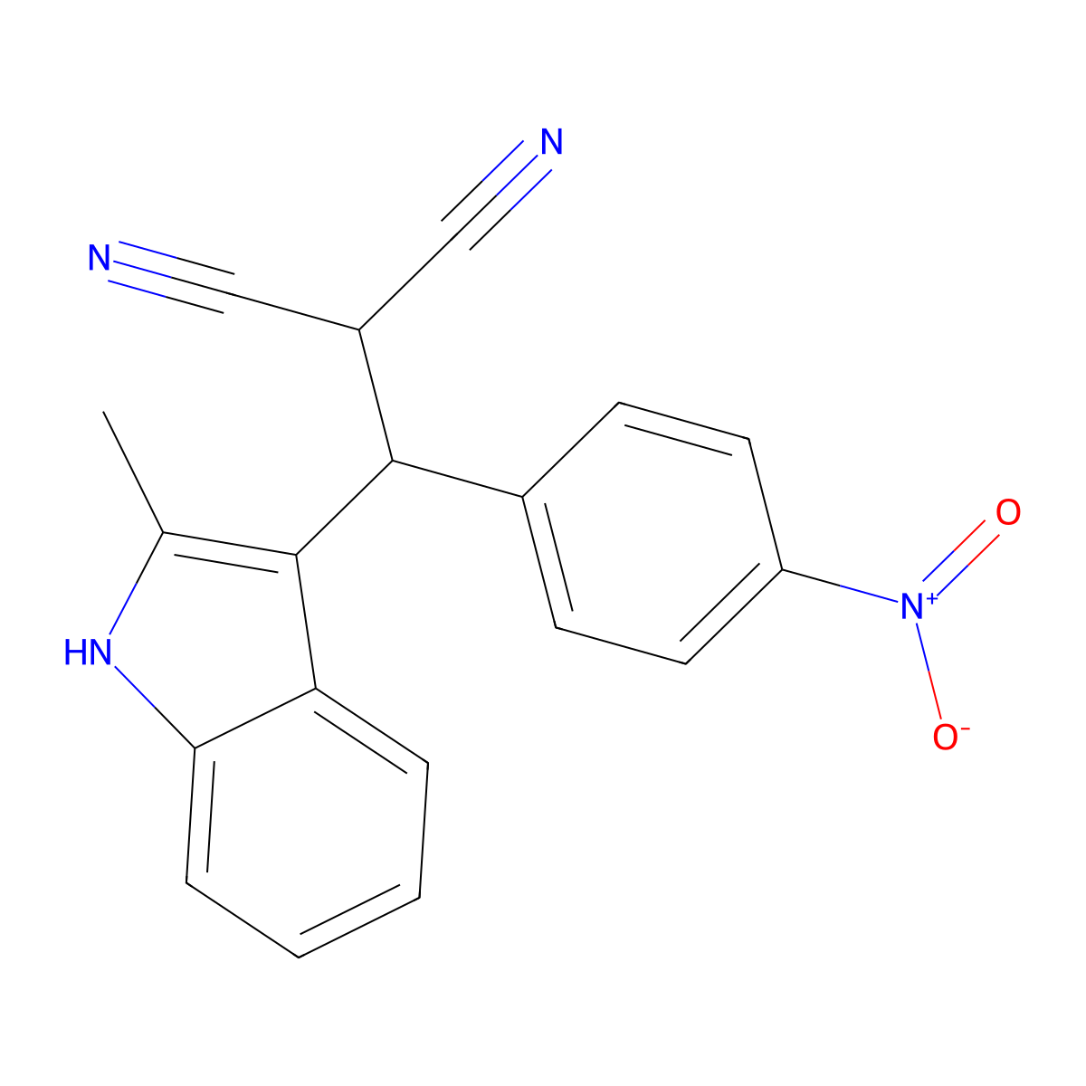 2-((2-methyl-1H-indol-3-yl)(4-nitrophenyl)methyl)malononitrile molecular structure, CAS 305372-80-9