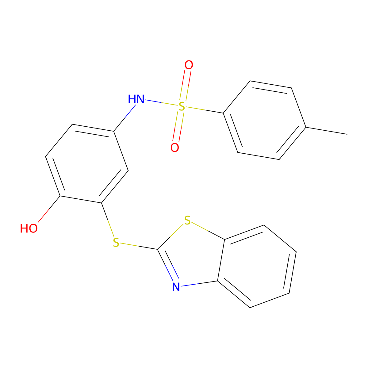 (3-Benzothiazol-2-ylthio-4-hydroxyphenyl)[(4-methylphenyl)sulfonyl]amine molecular structure, CAS 305374-33-8