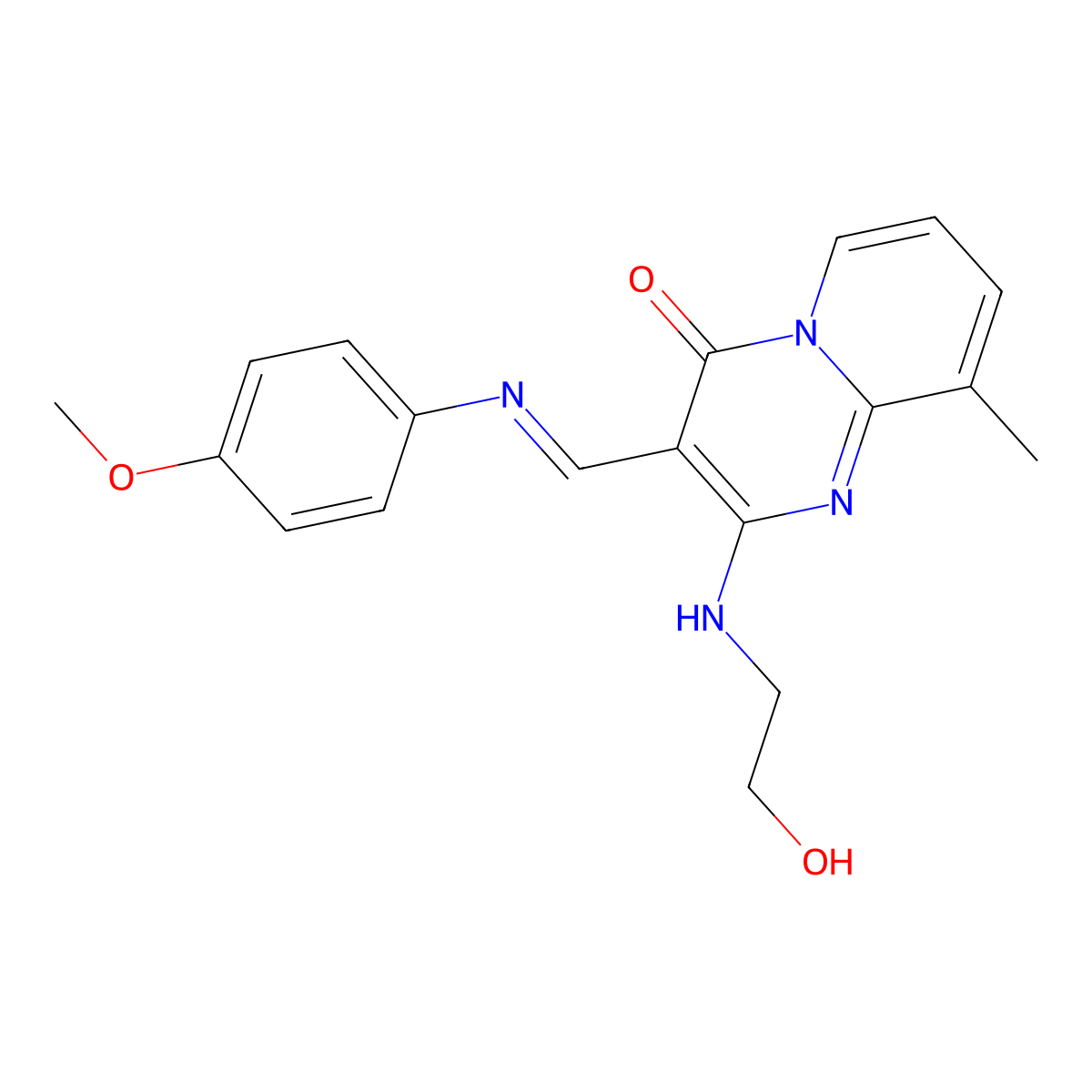 (E)-2-((2-hydroxyethyl)amino)-3-(((4-methoxyphenyl)imino)methyl)-9-methyl-4H-pyrido[1,2-a]pyrimidin-4-one molecular structure, CAS 305376-74-3