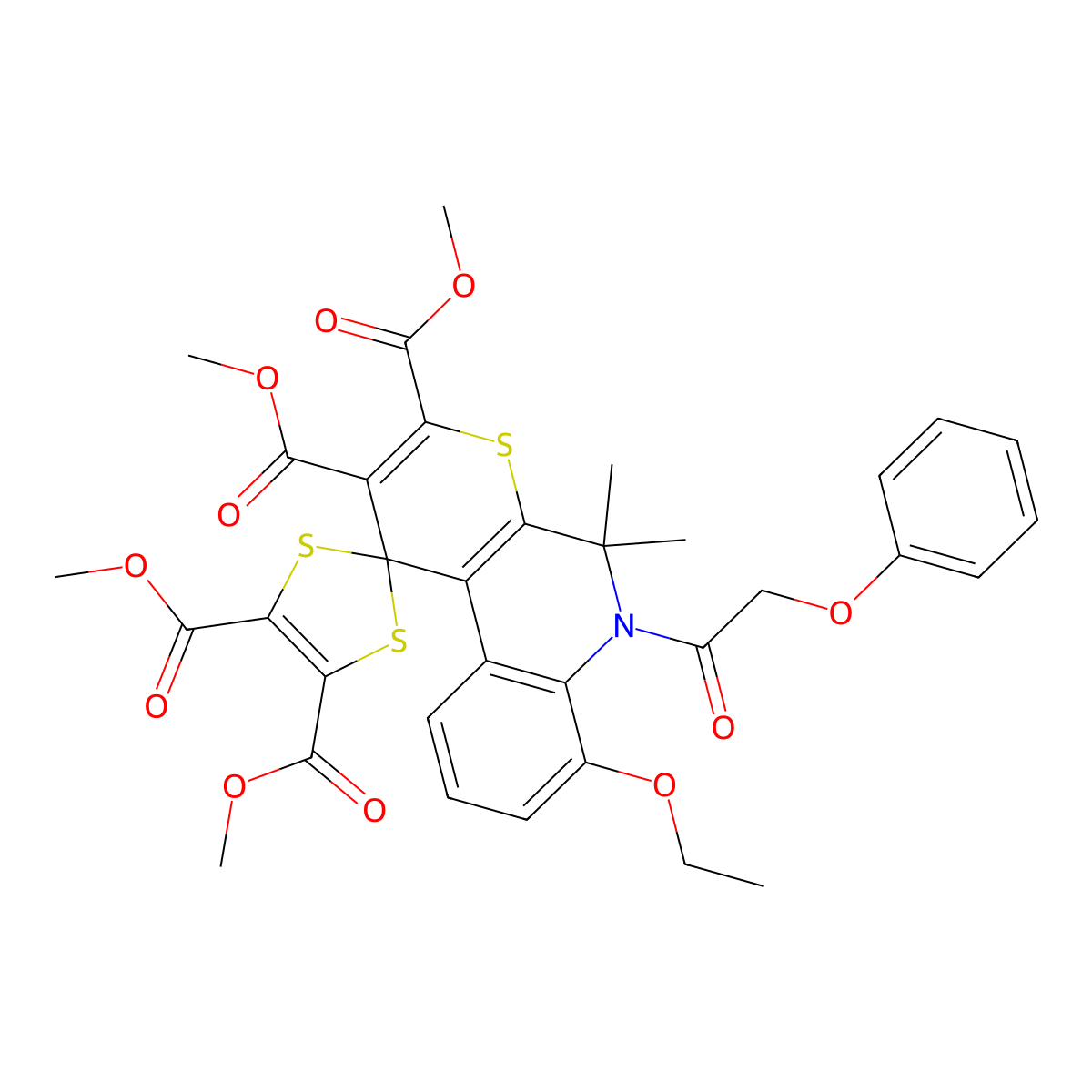 tetramethyl 8-ethoxy-5,5-dimethyl-6-(phenoxyacetyl)-5,6-dihydrospiro(1H-thiopyrano[2,3-c]quinoline-1,2'-[1,3]-dithiole)-2,3,4',5'-tetracarboxylate molecular structure, CAS 305383-60-2