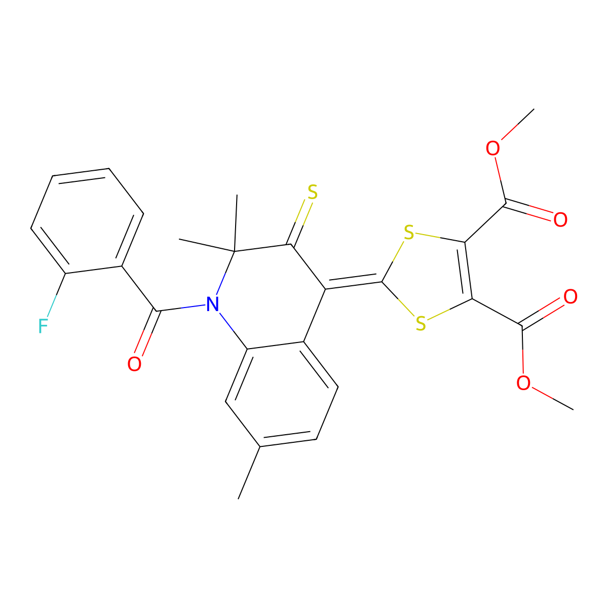 dimethyl 2-[1-(2-fluorobenzoyl)-2,2,7-trimethyl-3-thioxo-2,3-dihydro-4(1H)-quinolinyliden]-1,3-dithiole-4,5-dicarboxylate molecular structure, CAS 305383-68-0
