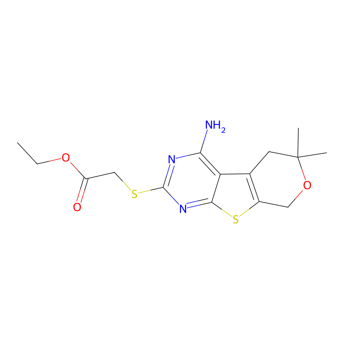 ethyl 2-((4-amino-6,6-dimethyl-6,8-dihydro-5H-pyrano[4',3':4,5]thieno[2,3-d]pyrimidin-2-yl)thio)acetate molecular structure, CAS 305383-70-4