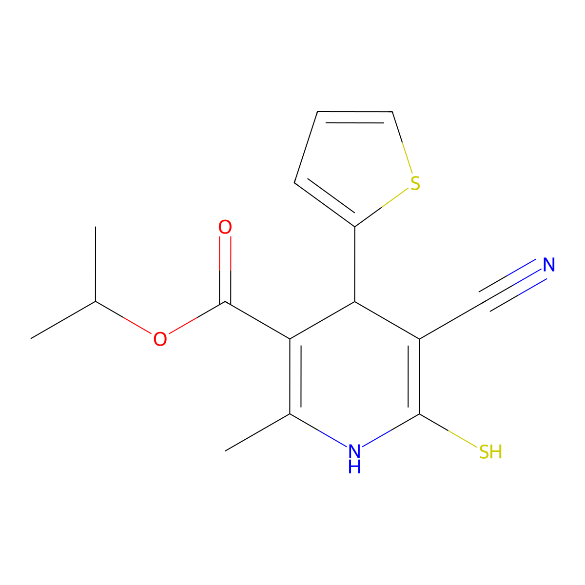 Isopropyl 5-cyano-2-methyl-6-sulfanyl-4-(2-thienyl)-1,4-dihydro-3-pyridinecarboxylate molecular structure, CAS 305383-72-6