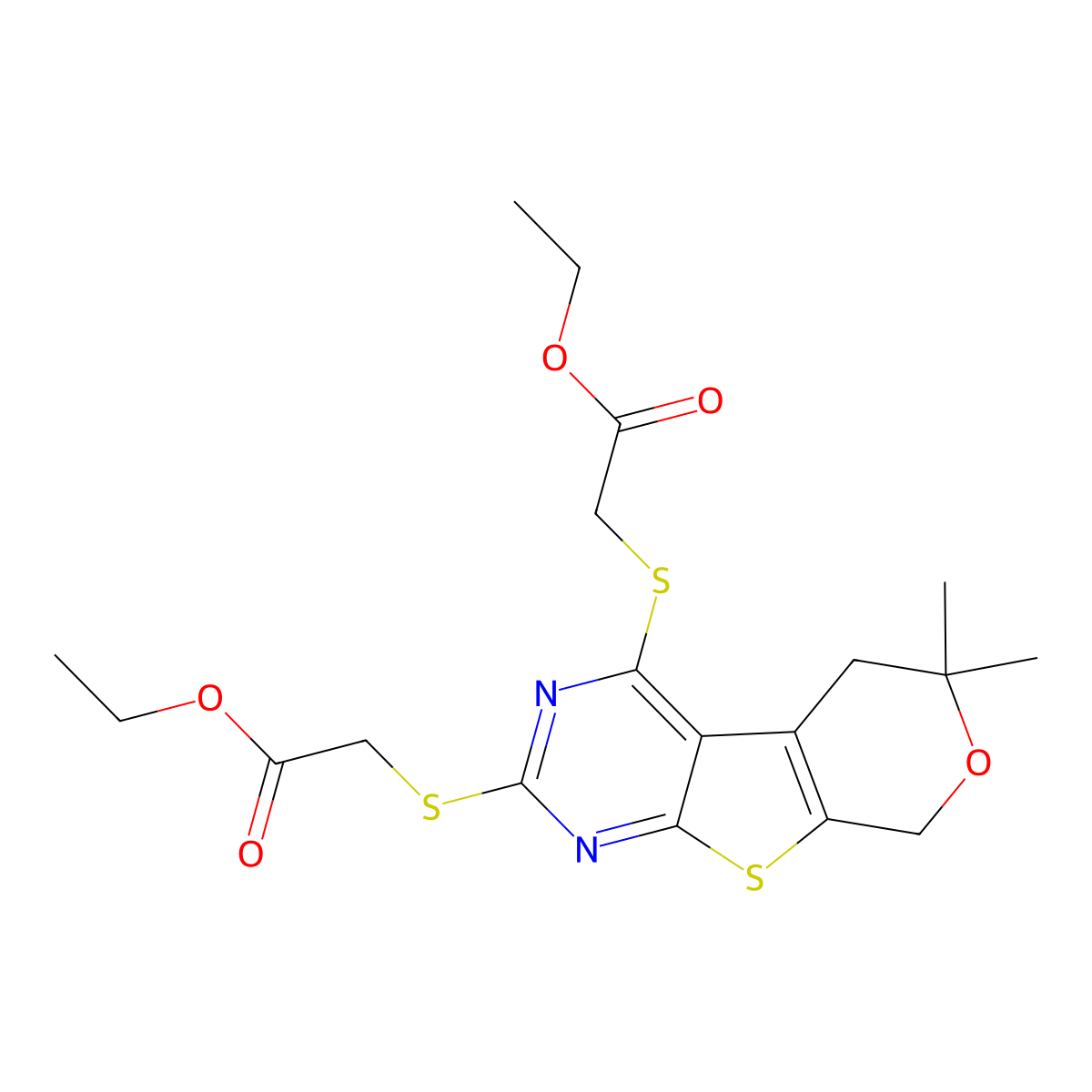 Ethyl 2-[[2-(2-ethoxy-2-oxoethyl)sulfanyl-6,6-dimethyl-5,8-dihydropyrano[2,3]thieno[2,4-b]pyrimidin-4-yl]sulfanyl]acetate molecular structure, CAS 305383-80-6