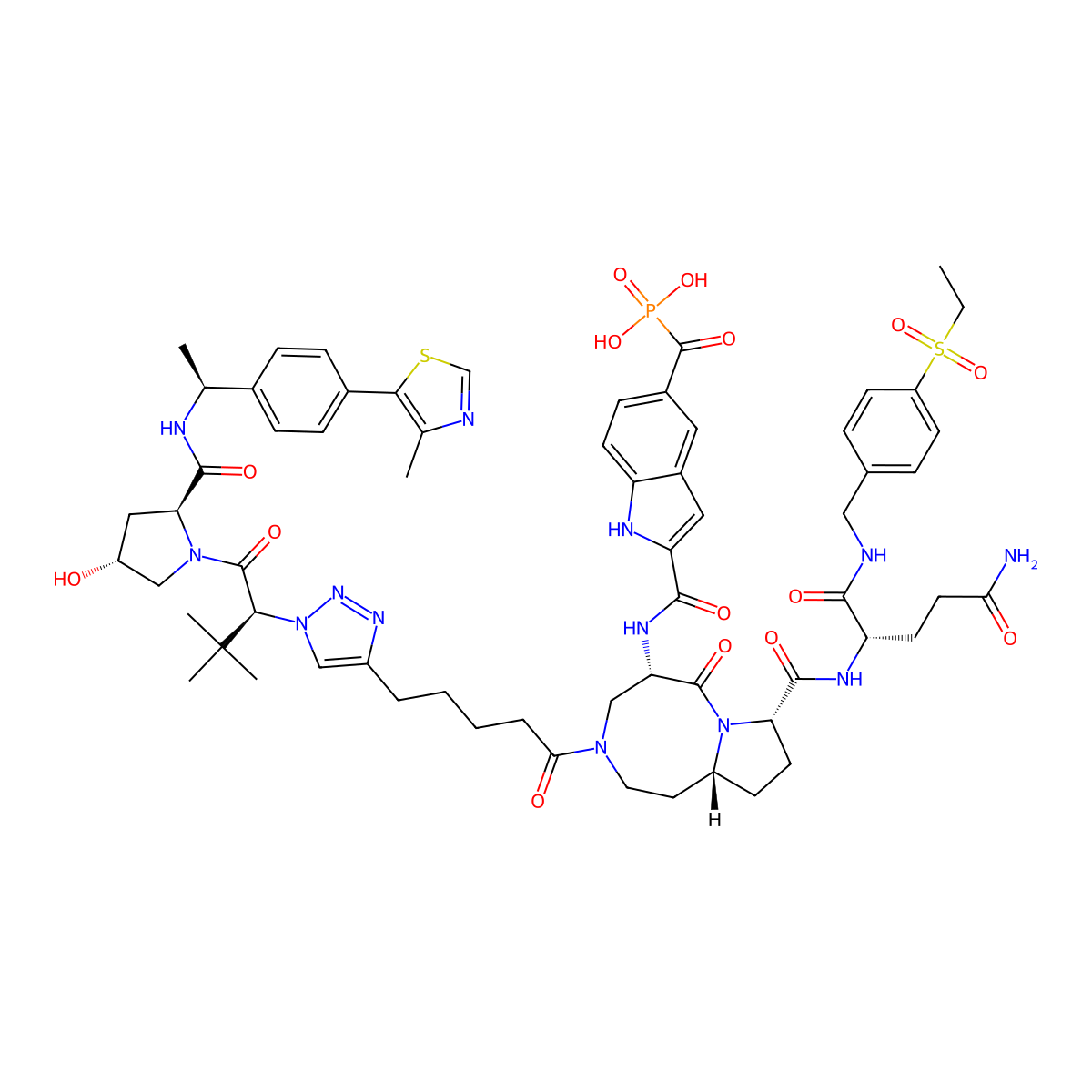 [2-[[(5S,8S,10aR)-8-[[(2S)-5-amino-1-[(4-ethylsulfonylphenyl)methylamino]-1,5-dioxopentan-2-yl]carbamoyl]-3-[5-[1-[(2S)-1-[(2S,4R)-4-hydroxy-2-[[(1S)-1-[4-(4-methyl-1,3-thiazol-5-yl)phenyl]ethyl]carbamoyl]pyrrolidin-1-yl]-3,3-dimethyl-1-oxobutan-2-yl]triazol-4-yl]pentanoyl]-6-oxo-1,2,4,5,8,9,10,10a-octahydropyrrolo[1,2-a][1,5]diazocin-5-yl]carbamoyl]-1H-indole-5-carbonyl]phosphonic acid molecular structure, CAS 3054116-24-1