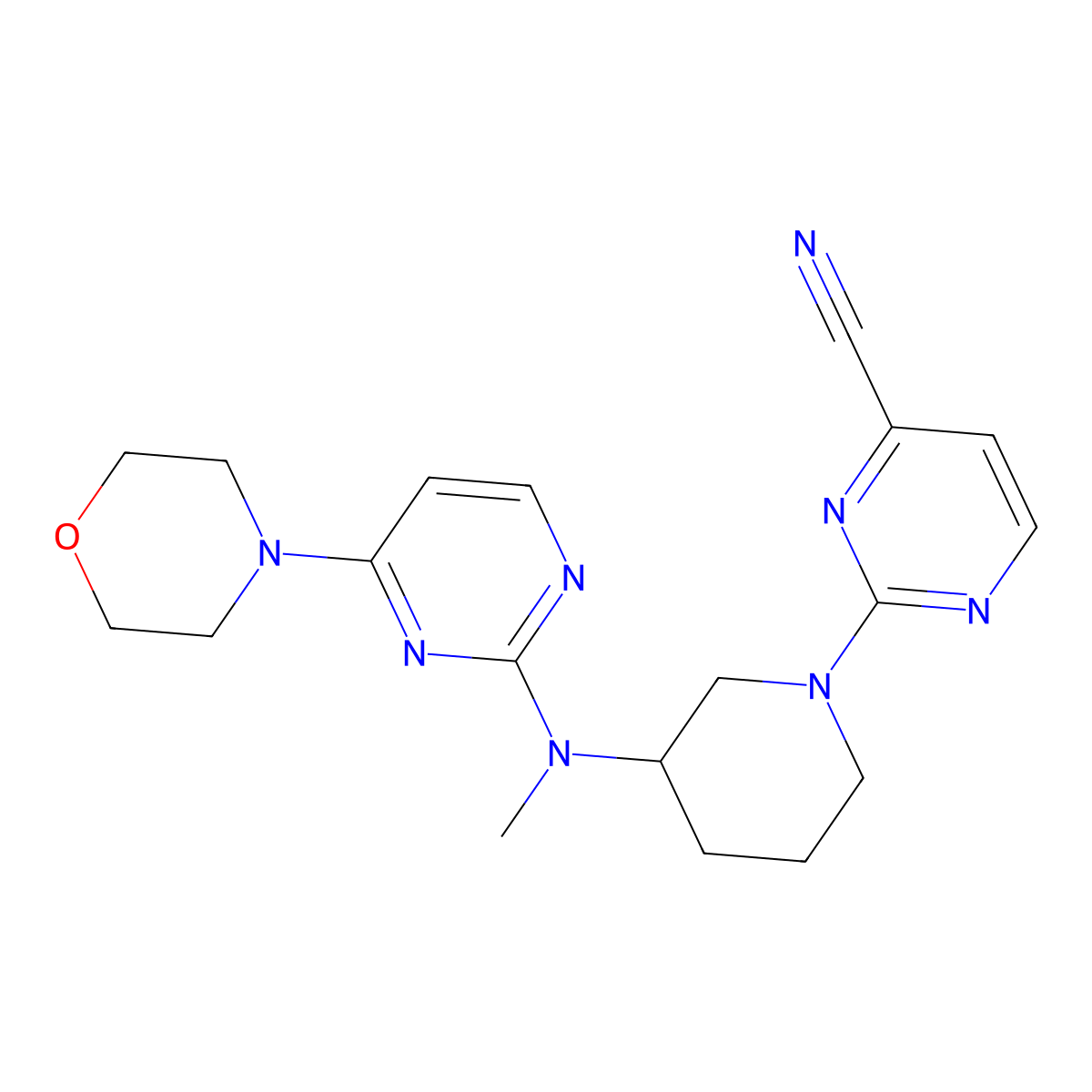 2-(3-{Methyl[4-(morpholin-4-yl)pyrimidin-2-yl]amino}piperidin-1-yl)pyrimidine-4-carbonitrile molecular structure, CAS 3054405-70-5