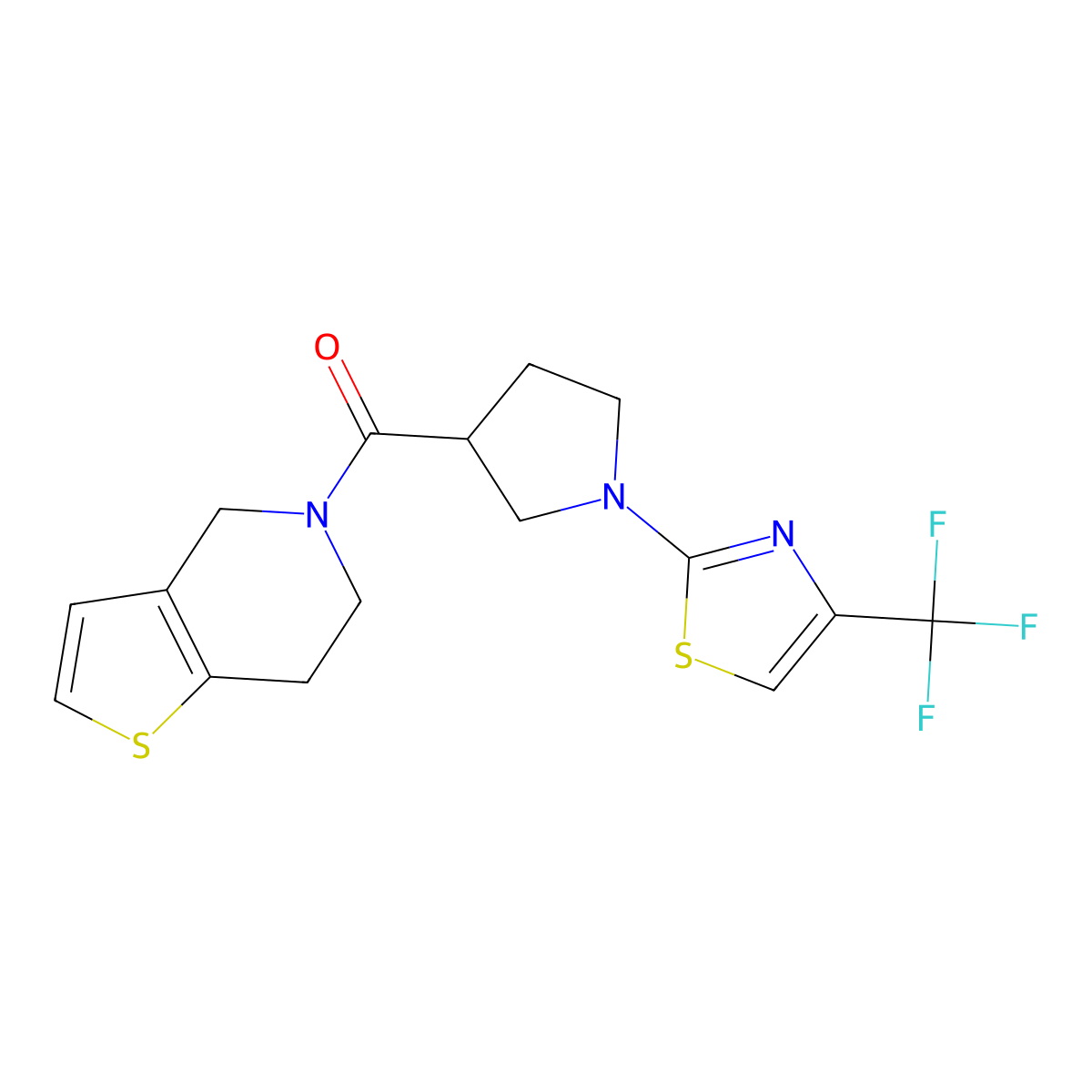 2-(3-{4H,5H,6H,7H-thieno[3,2-c]pyridine-5-carbonyl}pyrrolidin-1-yl)-4-(trifluoromethyl)-1,3-thiazole molecular structure, CAS 3054405-86-3